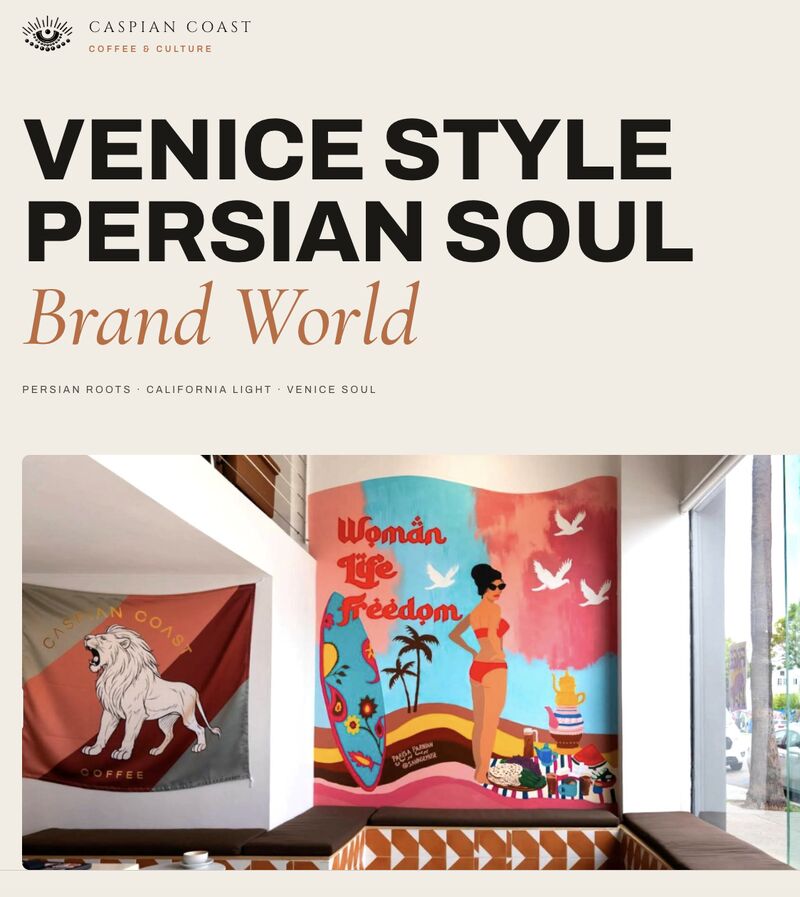 Caspian Coast brand world — Venice Style Persian Soul, Woman Life Freedom mural