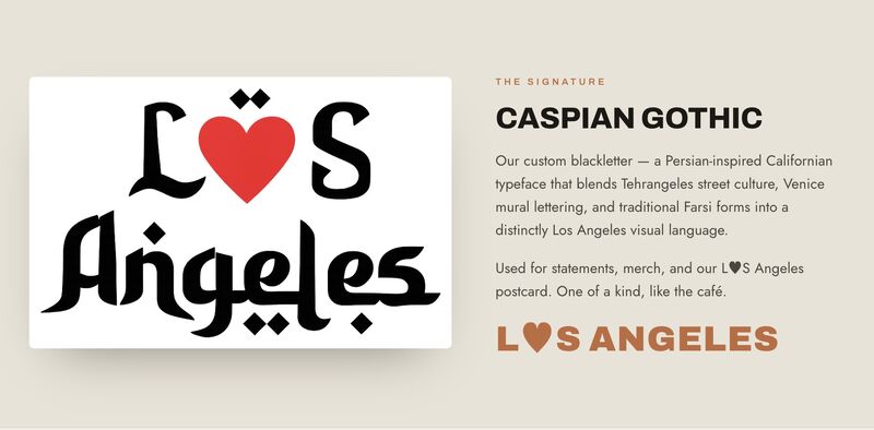 Caspian Gothic typeface — a Persian-inspired Californian blackletter spelling LOS Angeles