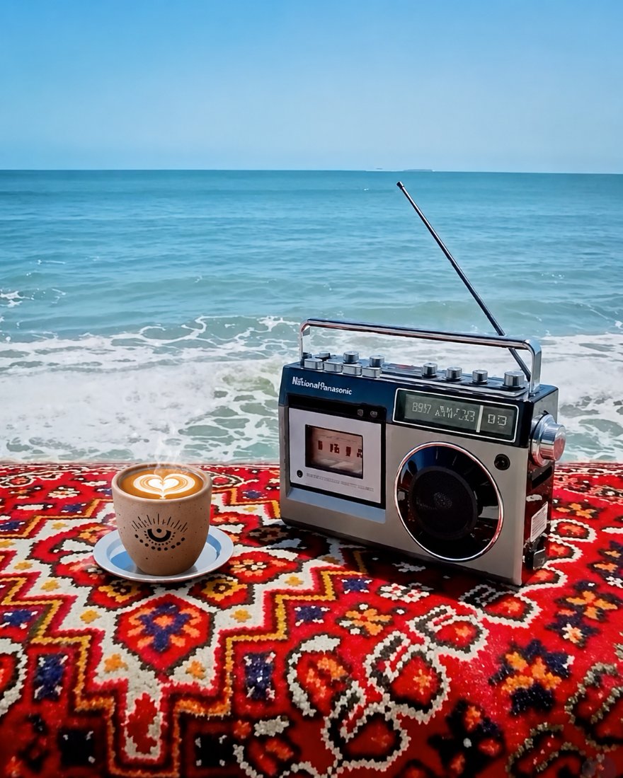 Persian coffee with eye motif beside a vintage radio on a Persian rug by the ocean