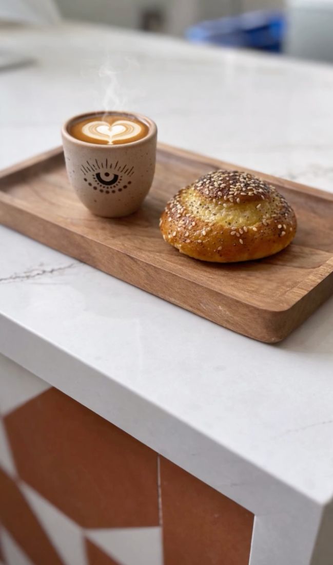Latte with heart art beside fresh bread