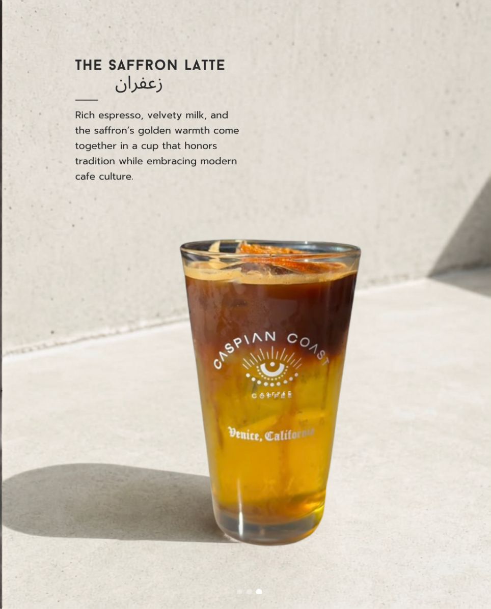 Caspian Coast saffron latte in a branded glass