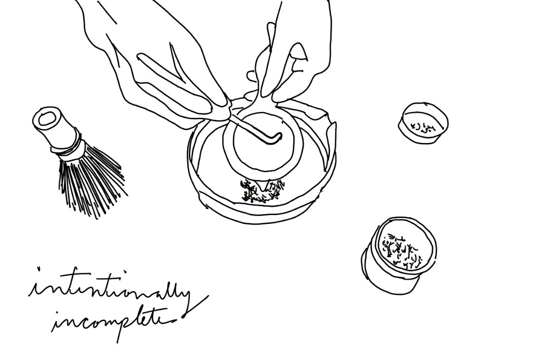 Intentionally incomplete — a single-line drawing of hands whisking matcha, MOW Impossible to Ignore